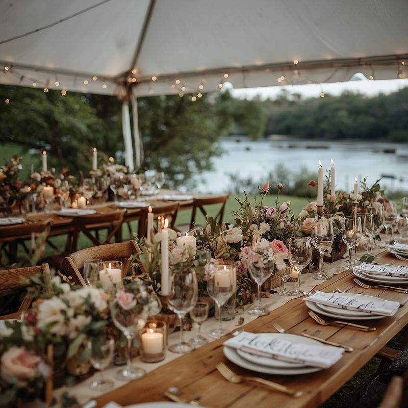 Creekside reception tablescape under a tent at dusk